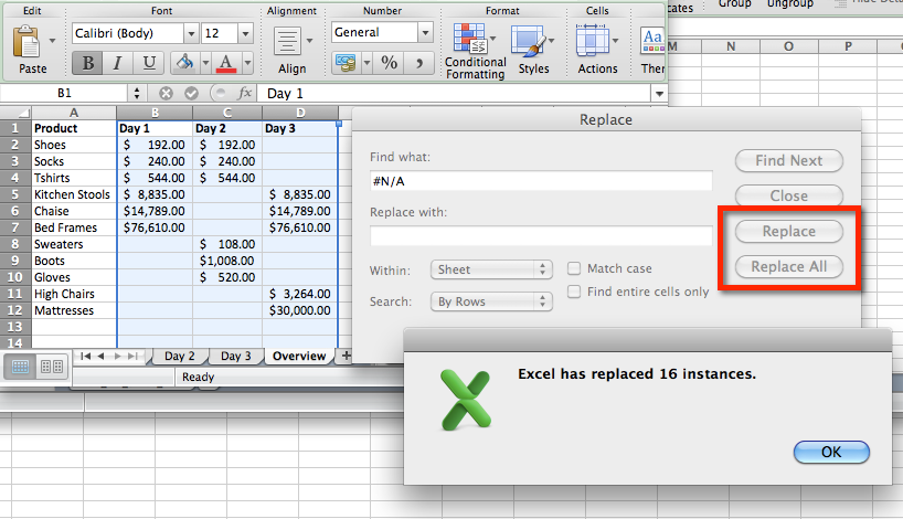 in excel on a mac if i search a for something and it is found highlight it